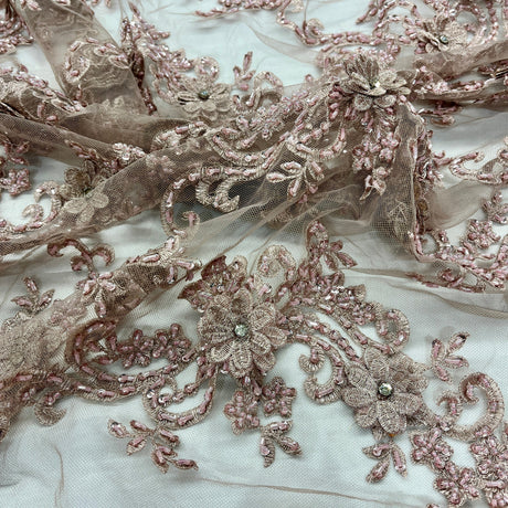 Beaded 3D Floral Lace Fabric - Embroidered 100 Percent Polyester Net Mesh, 3D Floral Beaded Design, 52" Wide (1 Yard)