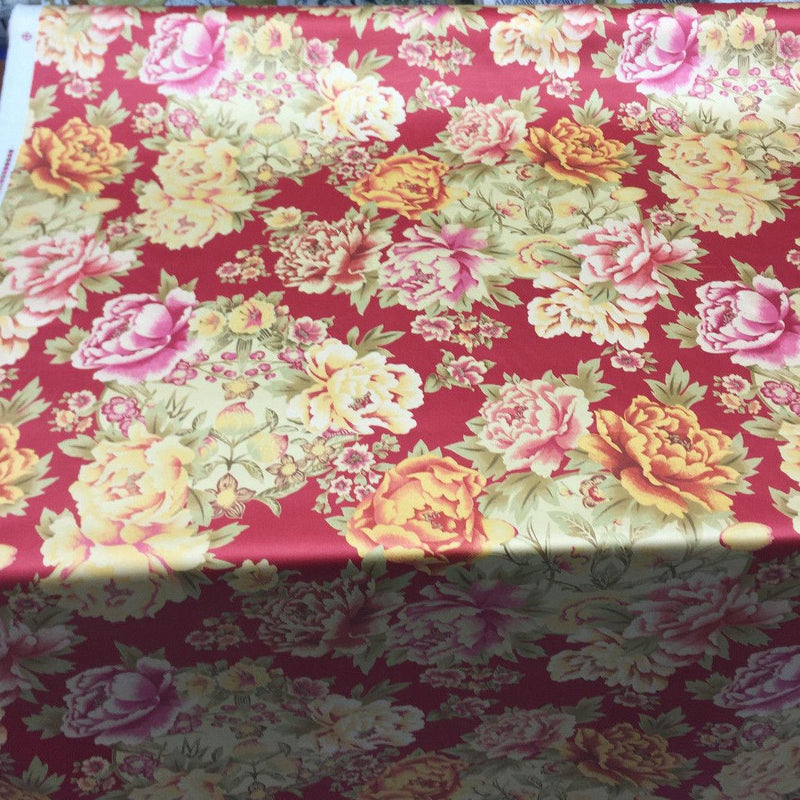 Mirabelle Scarlet Cotton Fabric - Yellow, Red Floral Asian Chinoiserie Print, 54" Width (1 Yard)