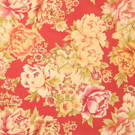 Mirabelle Scarlet Cotton Fabric - Yellow, Red Floral Asian Chinoiserie Print, 54" Width (1 Yard)
