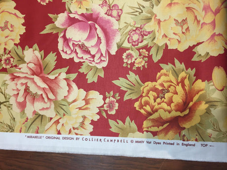 Mirabelle Scarlet Cotton Fabric - Yellow, Red Floral Asian Chinoiserie Print, 54" Width (1 Yard)