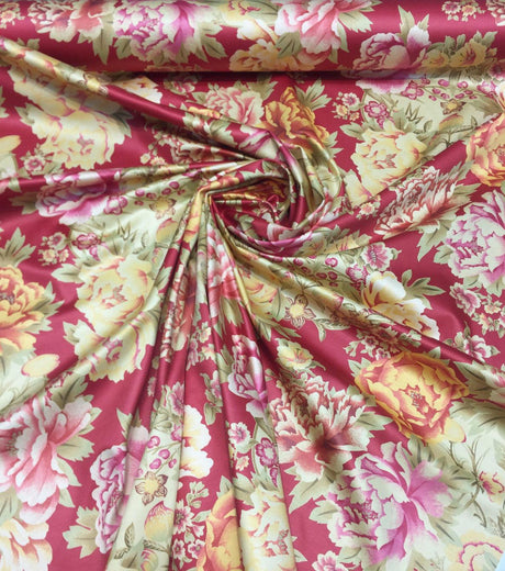 Mirabelle Scarlet Cotton Fabric - Yellow, Red Floral Asian Chinoiserie Print, 54" Width (1 Yard)