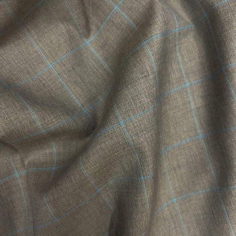 Taupe With Blue Windowpane 100 Percent Wool Fabric - Taupe, Blue Windowpane, 58/60" Width