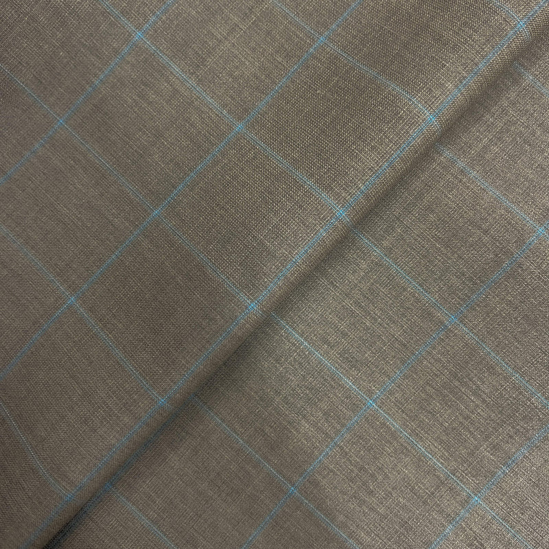Taupe With Blue Windowpane 100 Percent Wool Fabric - Taupe, Blue Windowpane, 58/60" Width