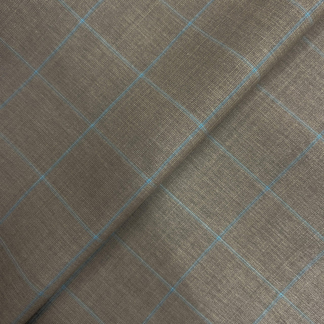 Taupe With Blue Windowpane 100 Percent Wool Fabric - Taupe, Blue Windowpane, 58/60" Width