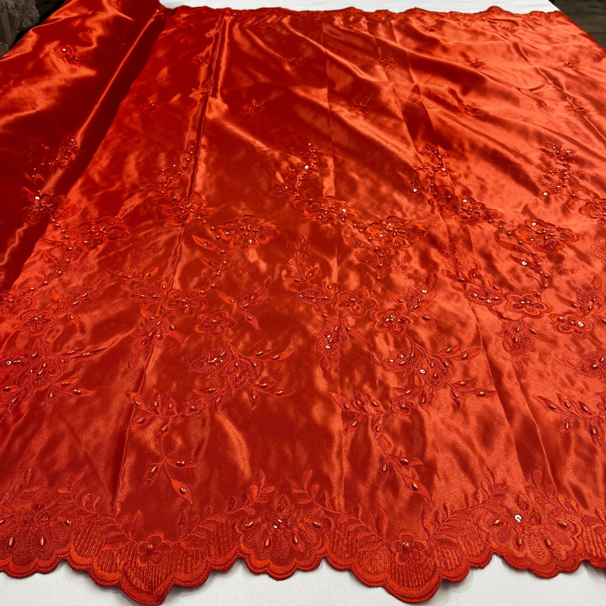 Beaded Bridal Lace Fabric - 100 Percent Polyester Satin, Floral Embroidery, 54" Width (1 Yard)