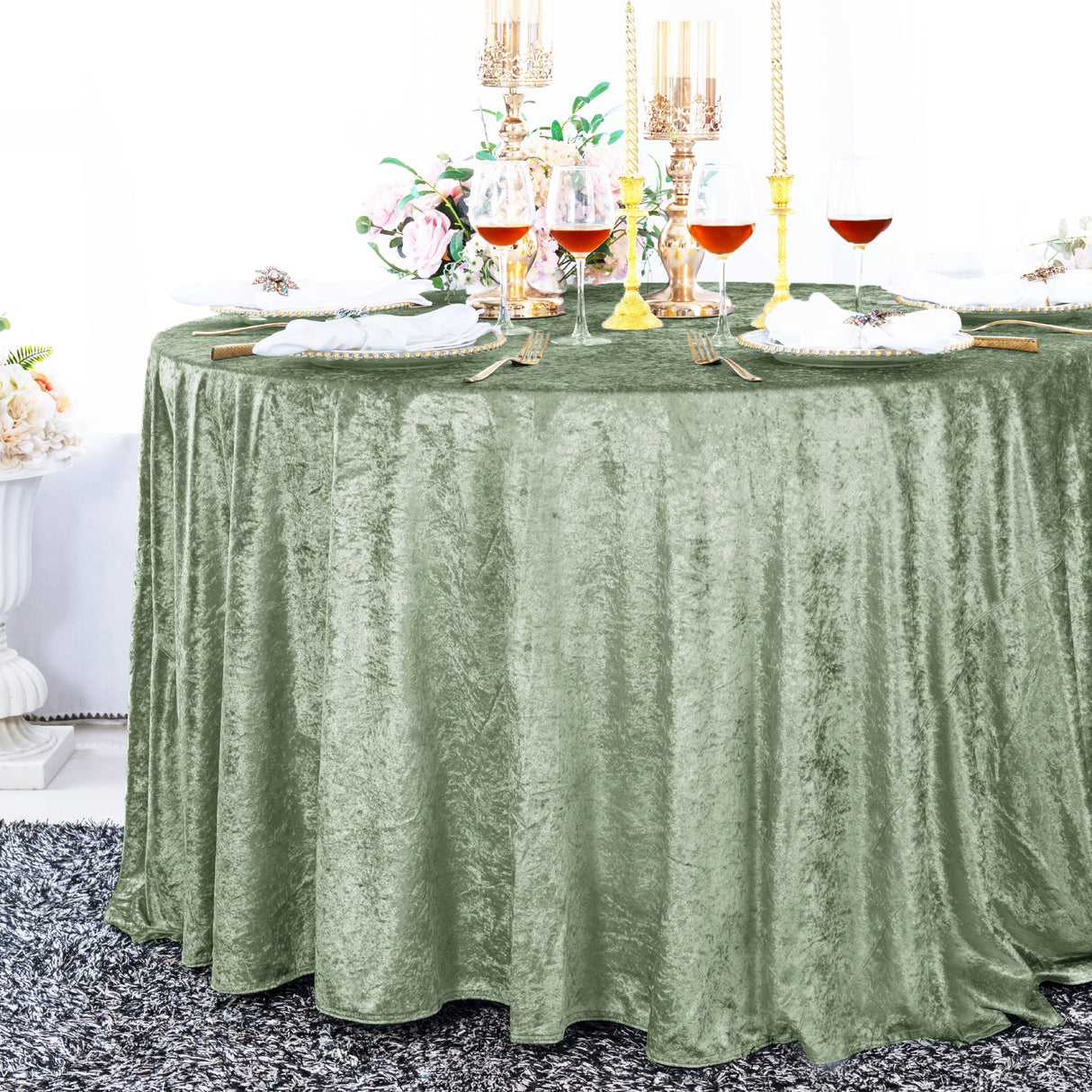 Round Crushed Velvet Tablecloth 132 Dusty Sage