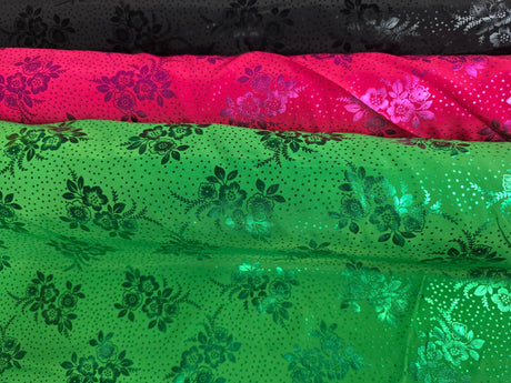 Koshibo Metallic Foil Print Polyester Fabric - Metallic Foil Print, 58/60" Width, Black, Fuchsia, Green (1 Yard)