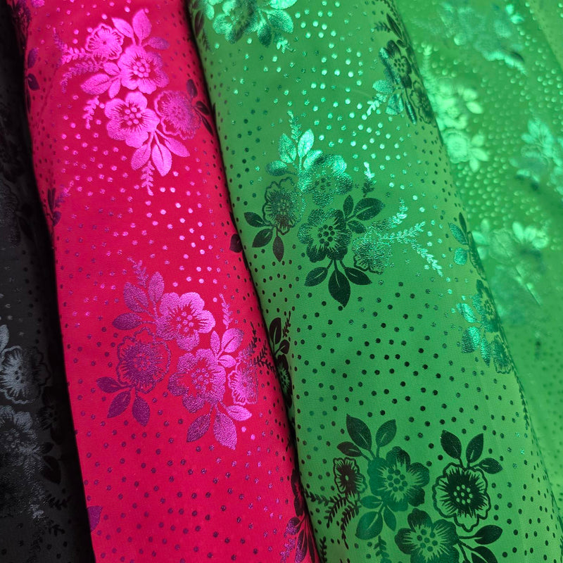 Koshibo Metallic Foil Print Polyester Fabric - Metallic Foil Print, 58/60" Width, Black, Fuchsia, Green (1 Yard)