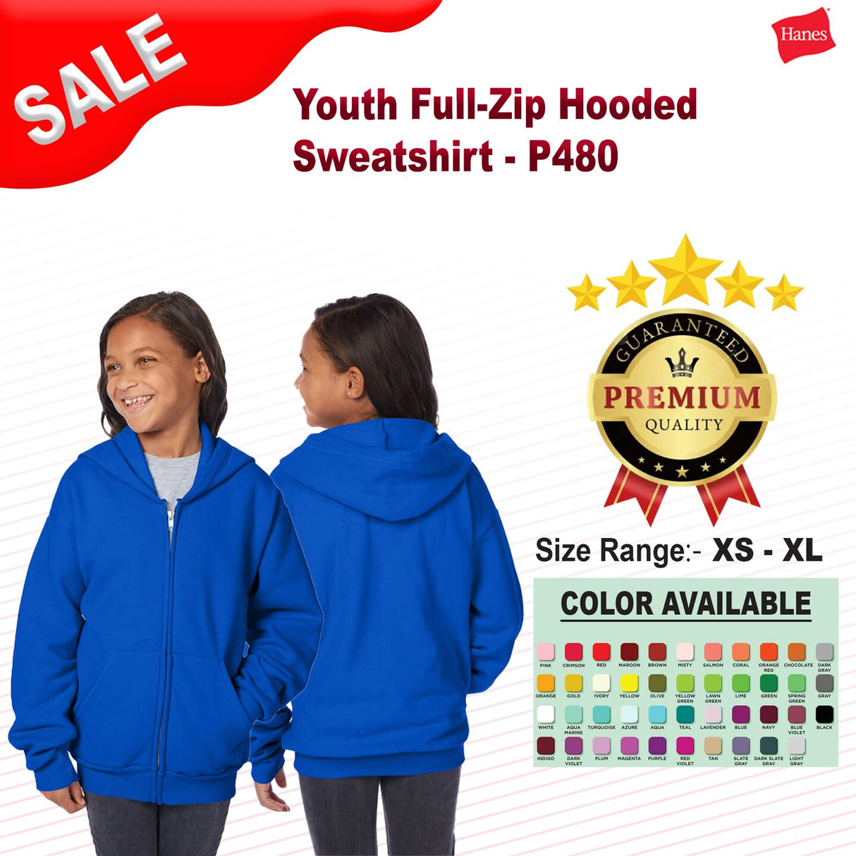 Hanes® Youth Full-Zip Hooded Sweatshirt