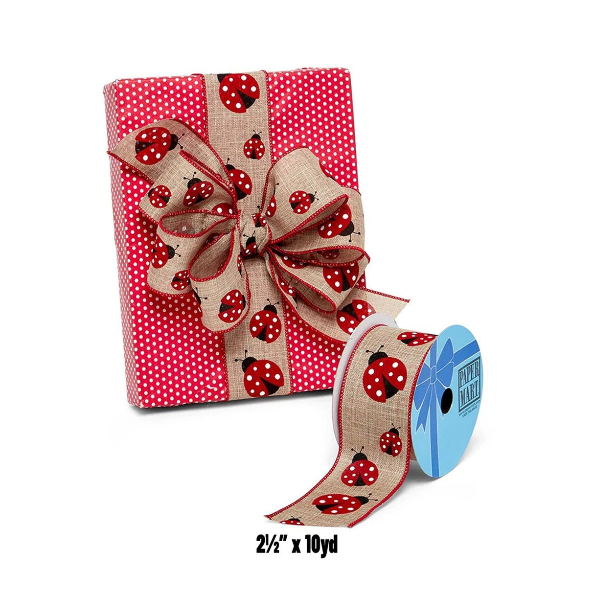 Ladybug Themed Natural Wired Ribbon 2.5" Width 10 Yards of Fun