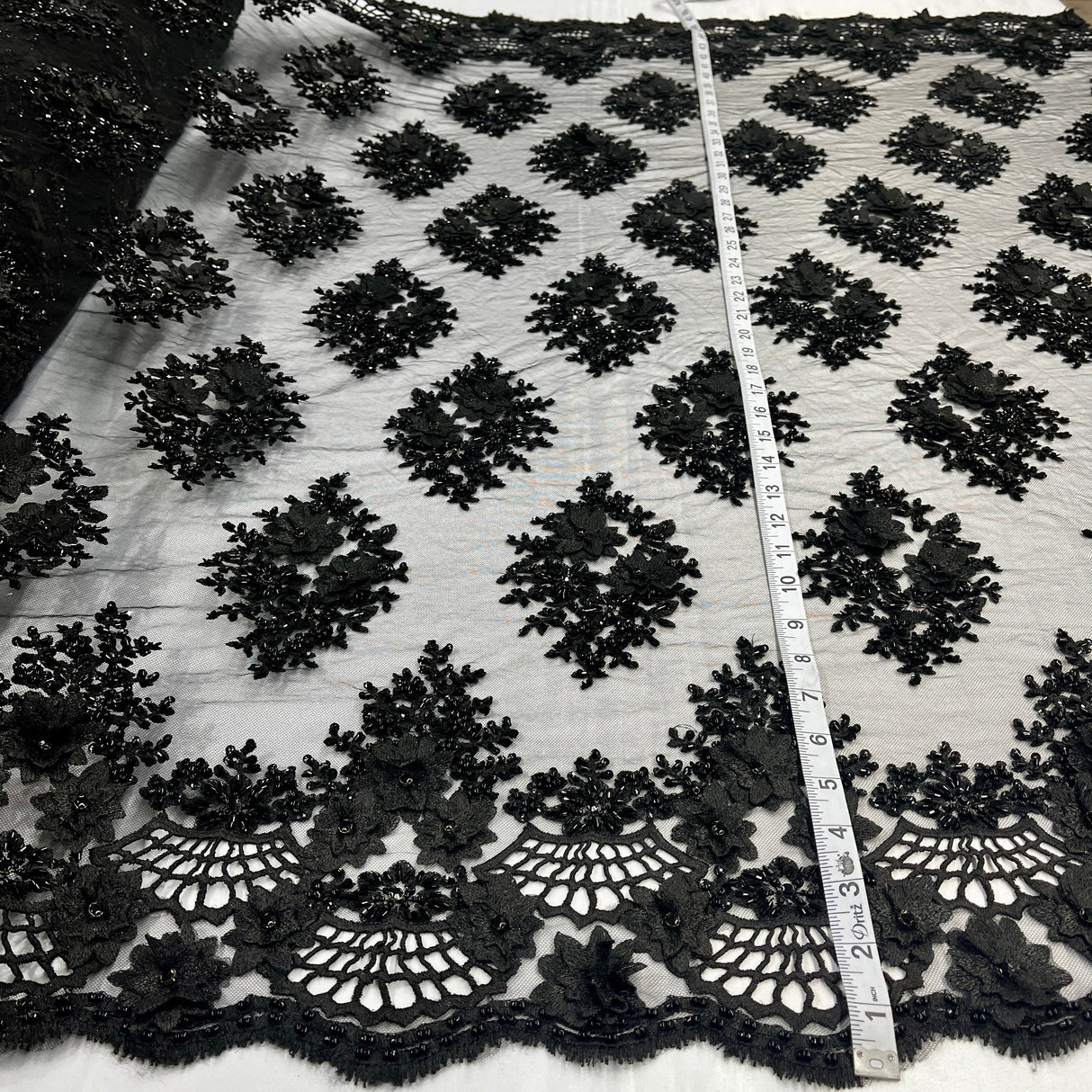 Beaded 3D Floral Lace Fabric