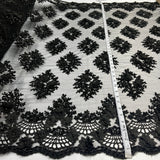 Beaded 3D Floral Lace Fabric - Navy Blue/Black Floral Embroidered Net Mesh, 48" Width (1 Yard)