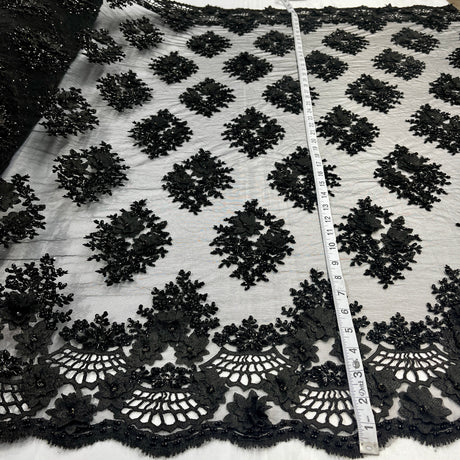 Beaded 3D Floral Lace Fabric - Navy Blue/Black Floral Embroidered Net Mesh, 48" Width (1 Yard)