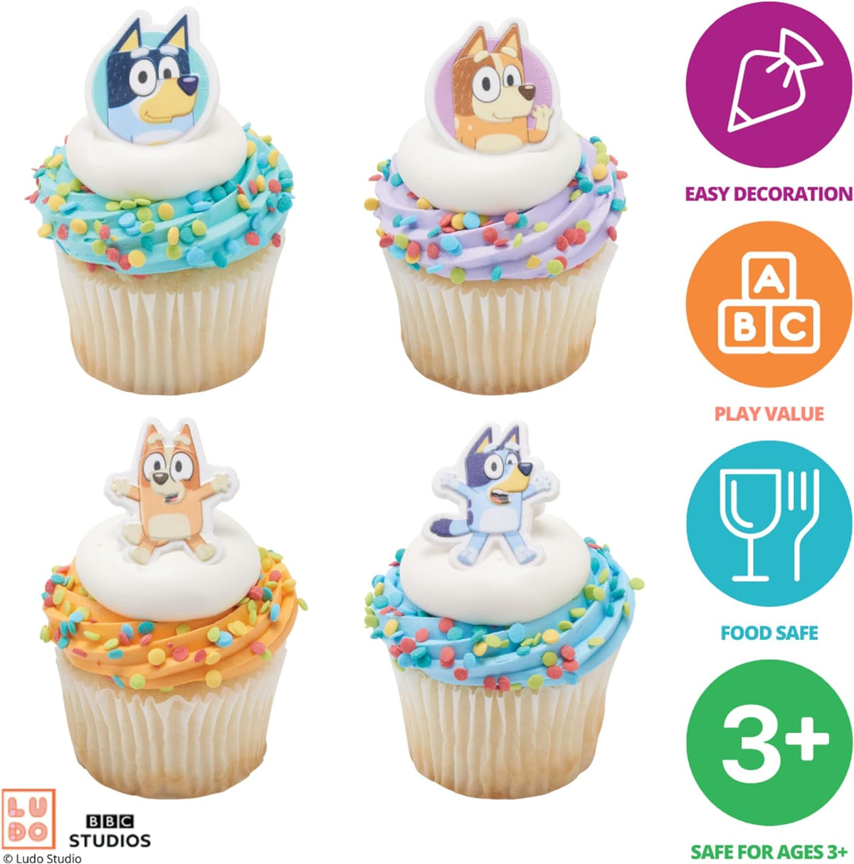 Bluey So Much Fun Rings, 72 Cupcake Decorations Featuring Bluey, Bingo, Bandit, and Chilli, 3D Food Safe Cake Toppers – 72 Pack