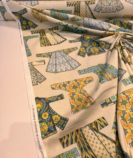 Hanako Duck Jadestone Drapery Upholstery Fabric - Green Blue Orange Yellow Brown On Beige Background, 54" Width (1 Yard)