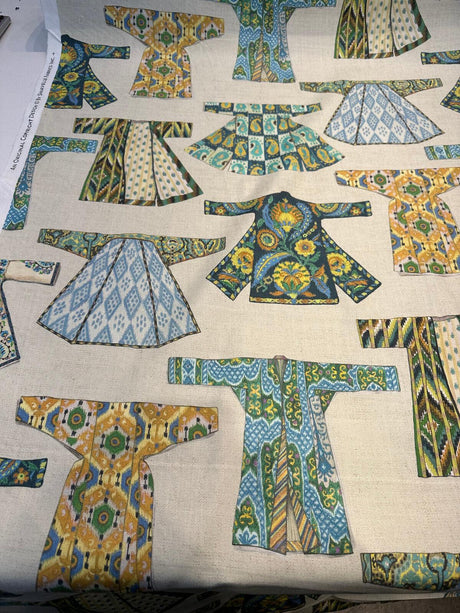 Hanako Duck Jadestone Drapery Upholstery Fabric - Green Blue Orange Yellow Brown On Beige Background, 54" Width (1 Yard)