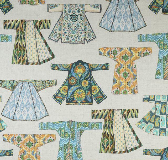 Hanako Duck Jadestone Drapery Upholstery Fabric - Green Blue Orange Yellow Brown On Beige Background, 54" Width (1 Yard)