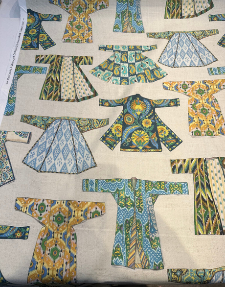 Hanako Duck Jadestone Drapery Upholstery Fabric - Green Blue Orange Yellow Brown On Beige Background, 54" Width (1 Yard)