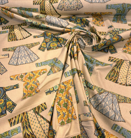 Hanako Duck Jadestone Drapery Upholstery Fabric - Green Blue Orange Yellow Brown On Beige Background, 54" Width (1 Yard)
