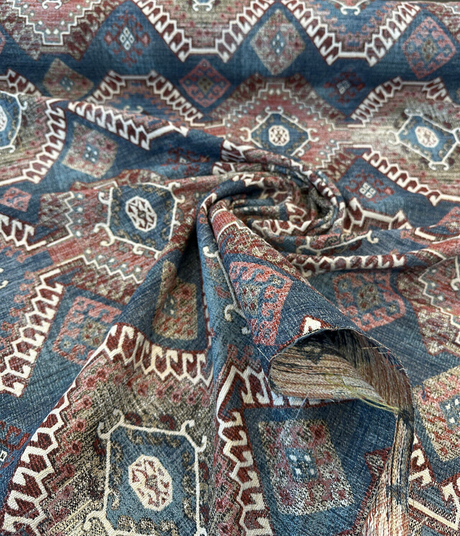 Wild Frontier Patriot Southwest Chenille Chenille Fabric - Patriot Red Blue Beige Ivory With Black Hints, 57" Width (1 Yard)