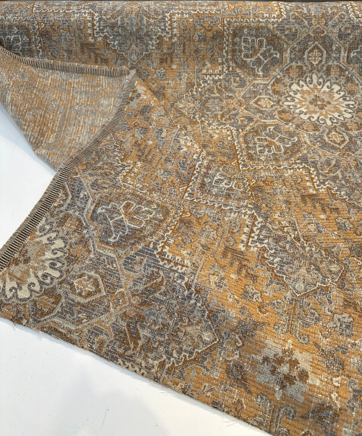 Riggs Sienna Pecan Chenille Fabric - Traditional Damask, Sienna Pecan With Gray And Charcoal, 56" Width (By The Yard)