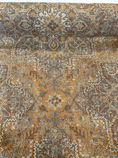 Riggs Sienna Pecan Chenille Fabric - Traditional Damask, Sienna Pecan With Gray And Charcoal, 56" Width (By The Yard)