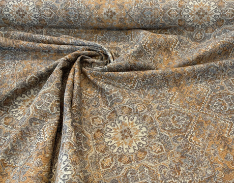 Riggs Sienna Pecan Chenille Fabric - Traditional Damask, Sienna Pecan With Gray And Charcoal, 56" Width (By The Yard)
