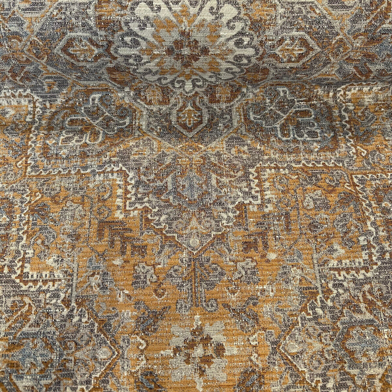 Riggs Sienna Pecan Chenille Fabric - Traditional Damask, Sienna Pecan With Gray And Charcoal, 56" Width (By The Yard)
