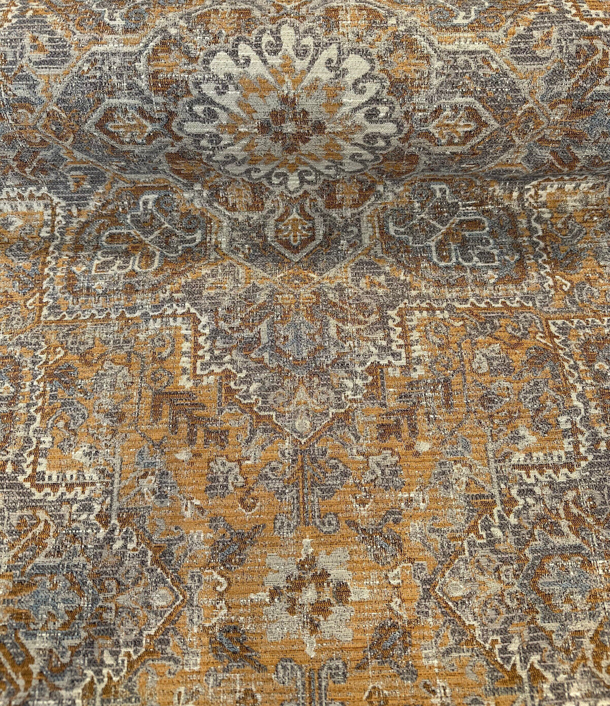 Riggs Sienna Pecan Chenille Fabric - Traditional Damask, Sienna Pecan With Gray And Charcoal, 56" Width (By The Yard)