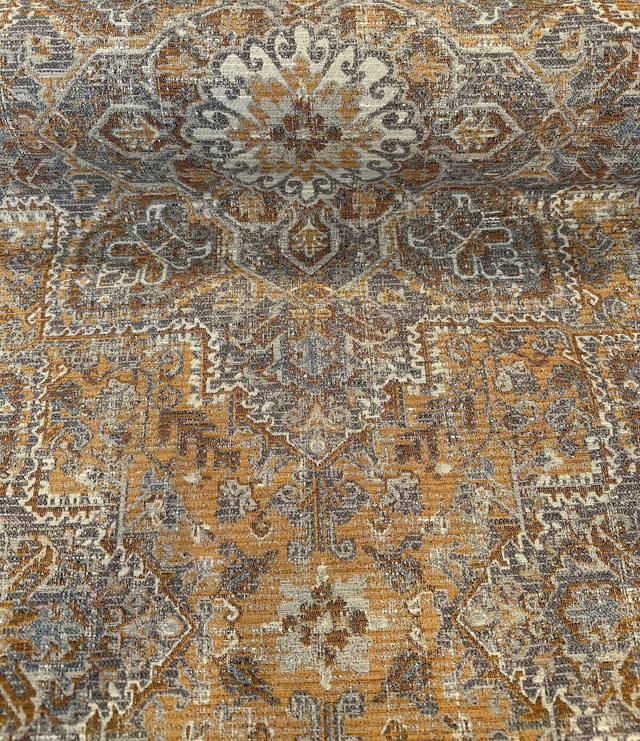 Riggs Sienna Pecan Chenille Fabric - Traditional Damask, Sienna Pecan With Gray And Charcoal, 56" Width (By The Yard)