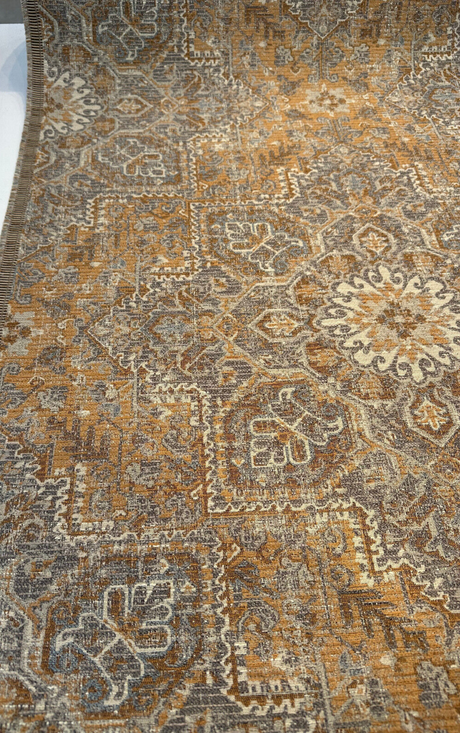 Riggs Sienna Pecan Chenille Fabric - Traditional Damask, Sienna Pecan With Gray And Charcoal, 56" Width (By The Yard)