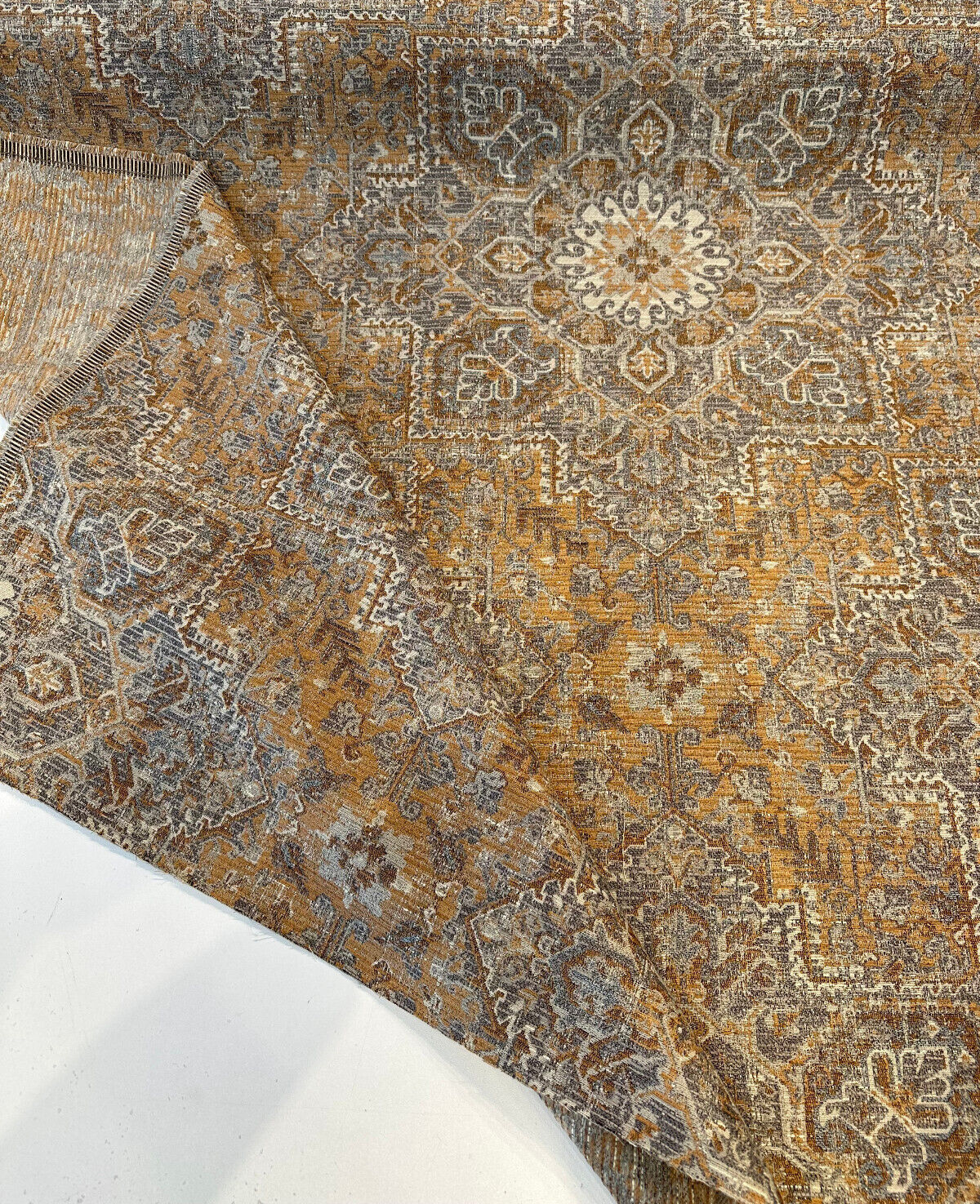 Riggs Sienna Pecan Chenille Fabric - Traditional Damask, Sienna Pecan With Gray And Charcoal, 56" Width (By The Yard)