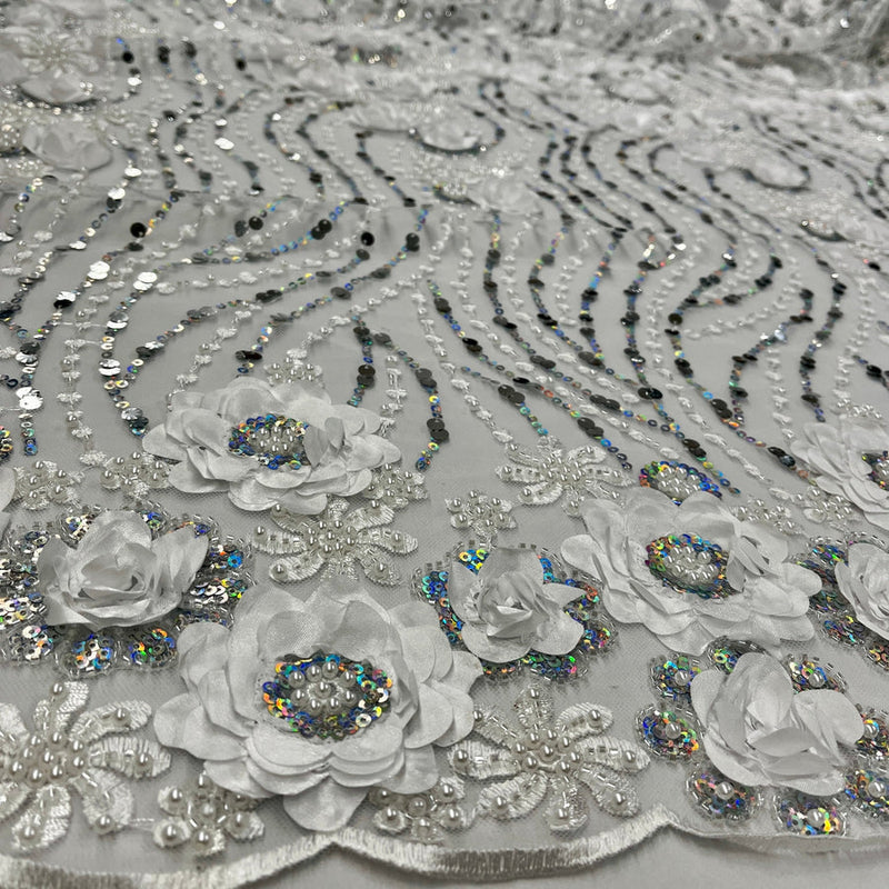 1 Yard Sparkling Beaded 3D Floral Lace Fabric White