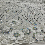 1 Yard Sparkling Beaded 3D Floral Lace Fabric White
