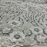 Beaded And Sequined 3D Floral Sparkling Lace Fabric - 100 Percent Polyester Net Mesh, Floral Embroidered, 52" Width (1 Yard)