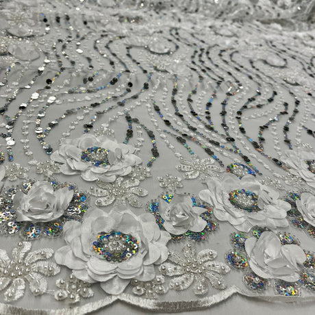 Beaded And Sequined 3D Floral Sparkling Lace Fabric - 100 Percent Polyester Net Mesh, Floral Embroidered, 52" Width (1 Yard)