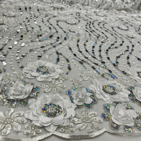 Beaded 3D Floral Lace Fabric