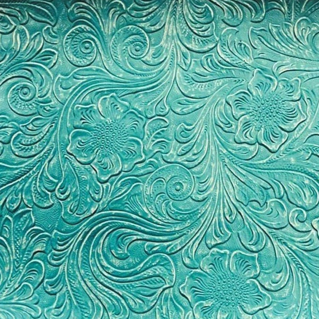 Turquoise Western Floral Pu Leather Vinyl Fabric,