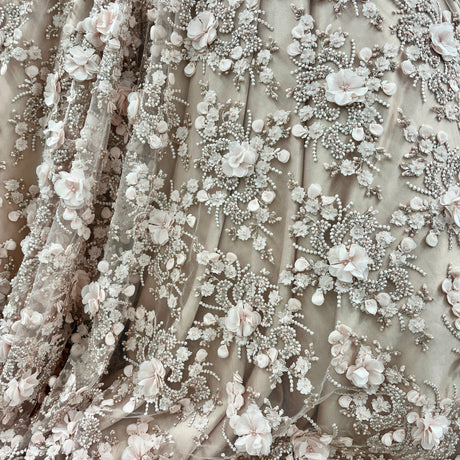Beaded 3D Floral Lace Peach Mesh