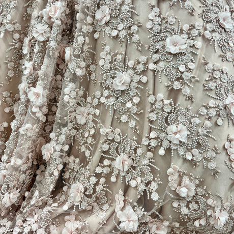 Beaded 3D Floral Lace Polyester Fabric - Peach, 48" Wide (1 Yard)