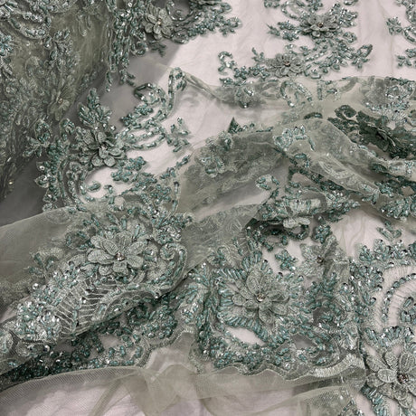 1 Yard Beaded 3D Floral Lace Fabric Embroidered on Polyester Net Mesh, Premium Embroidery Lace Fabric
