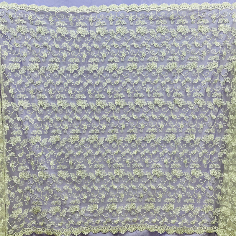 1 Yard Exquisite Ivory Silver Beaded Corded Bridal Lace Fabric on Net Mesh 52 inch Width