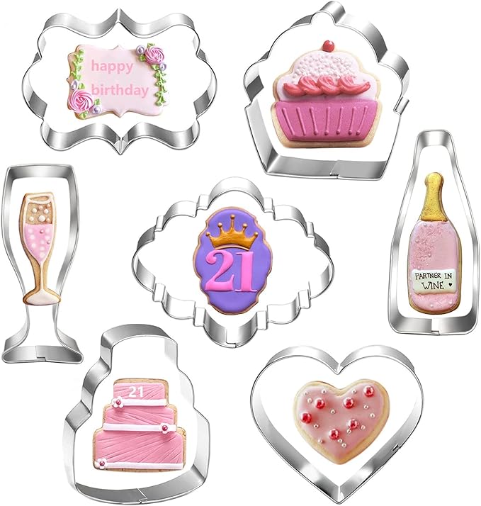 7 PCS Party Cookie Cutters – Heart, Cake, Cupcake, Wine, Champagne & Plaque Shapes