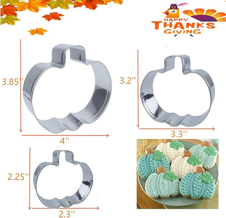 3 PCS Fall Pumpkin Cookie Cutters, 3.85", 3.2", 2.25"Halloween Thanksgiving Cookie Cutters for Harvest Holiday Decoration Party Supplies