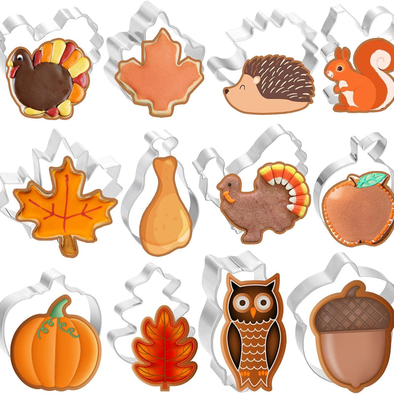 Thanksgiving Cookie Cutters Set – 12 Pcs Pumpkin Turkey Maple Leaf Squirrel Fall Shapes