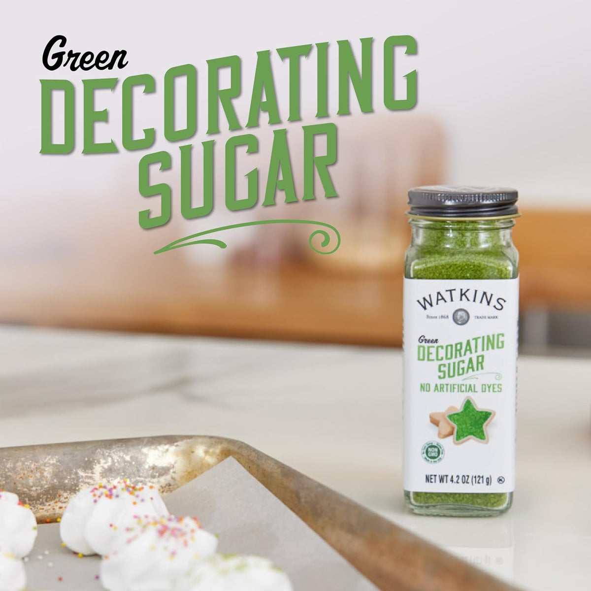 Watkins Green Sanding Decorating Sugar, Non-GMO, Kosher, 4.2 Ounce Jar Dye Free