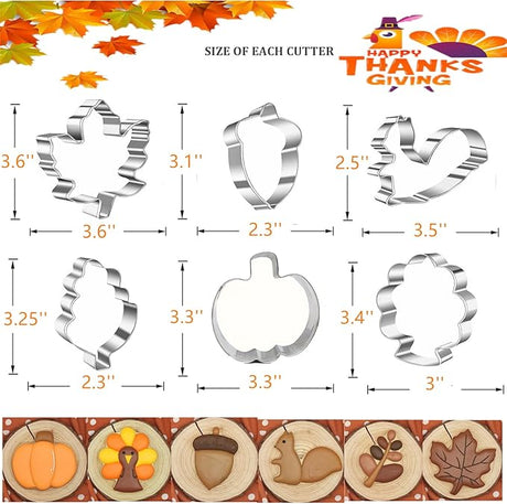 6 PCS Fall Cookie Cutter Set – Pumpkin, Maple Leaf, Oak Leaf, Turkey, Squirrel & Acorn Shapes