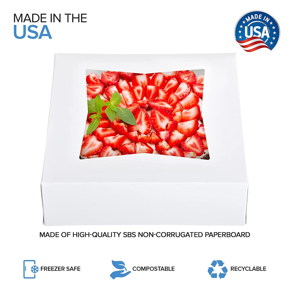 8 x 8 x 2.5” White Bakery Boxes with Window Pastry Boxes for Strawberries, Dessert Boxes, Bakery