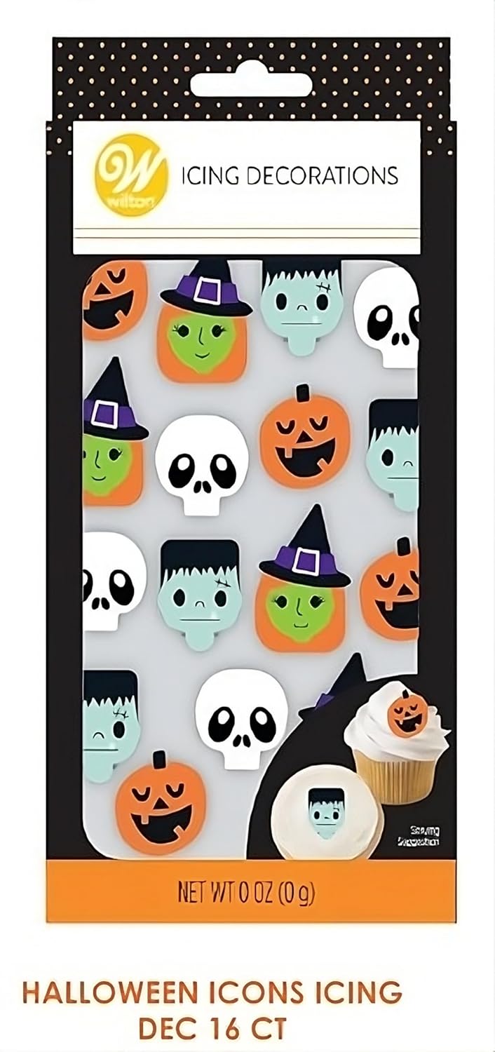 Wilton Halloween Frankenstein, witch, skull, and pumpkin Icons Royal Icing Decorations – 16 Count