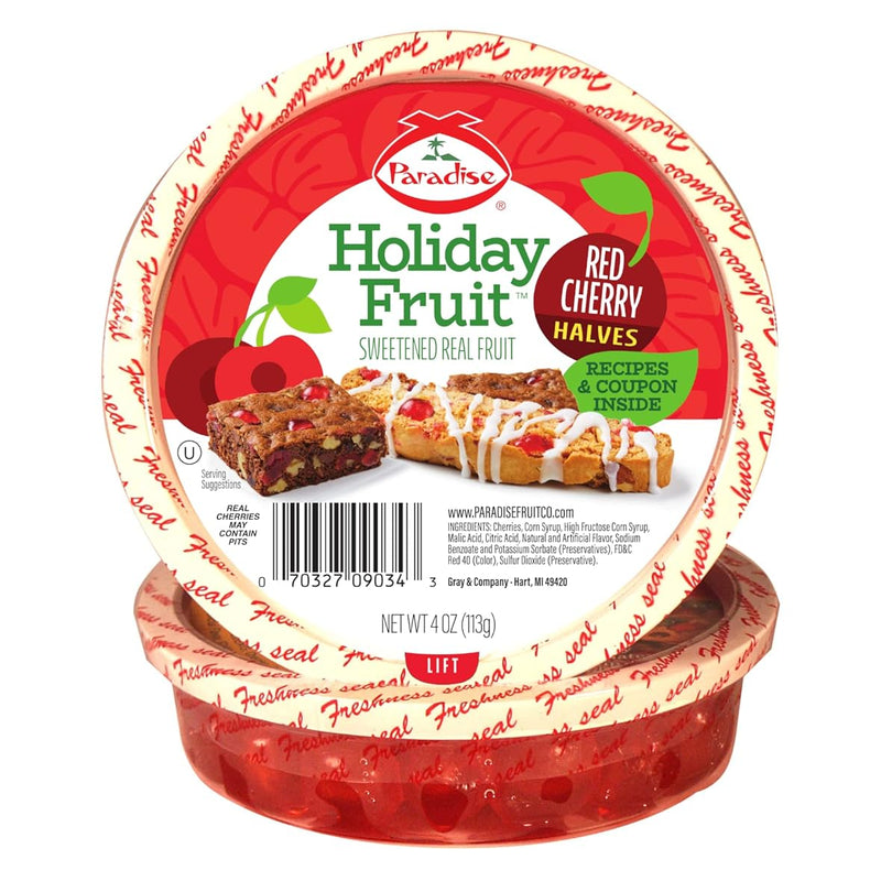 Paradise Candied Fruit, Red Cherry Halves, 4 Ounce